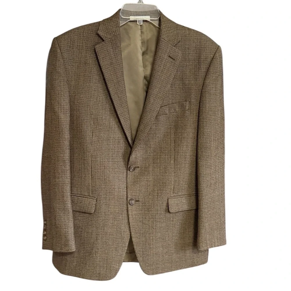 Chaps Sport Coat Mens 40R Brown 100% Wool Micro Houndstooth Blazer Dark Academia